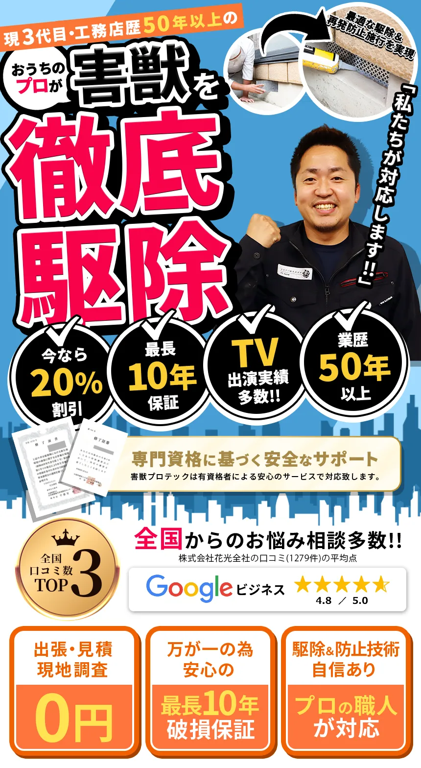 1950年設立この道30年以上の歴史あるお家のプロがあなたの大切な住まいと暮らしを害獣被害から守ります!どんな住環境でも徹底駆除&最適な再発防止施工!全工程自社完結だから低価格&安心です。【出張・現地調査・見積完全無料!!】【万が一のため、安心の最長10年破損保証】【駆除&防止技術に自信アリ!プロの職人が対応】